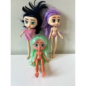 Boxy Girls 8" Dolls Lot of 3 Dolls Green, Purple and blue Black Haired